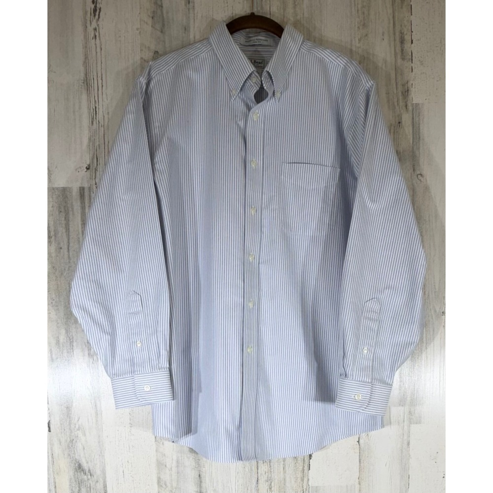 LL Bean Button Down Shirt 16.5-33 Blue White Striped Trim Fit Wrinkle Resistant
